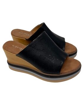Extreme by Eddie Marc Black Leather Cork Wedge Slide Sandals